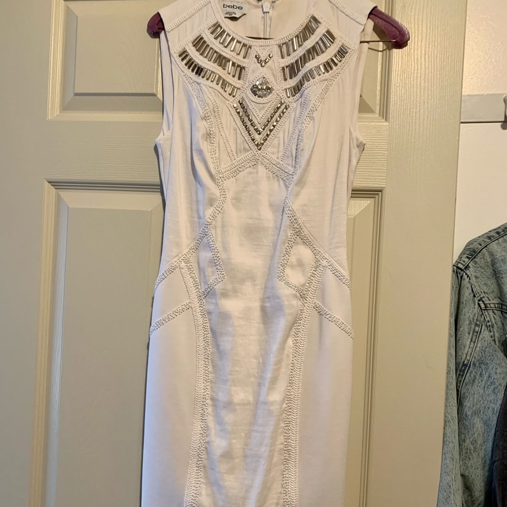 Bebe white linen embellished midi dress